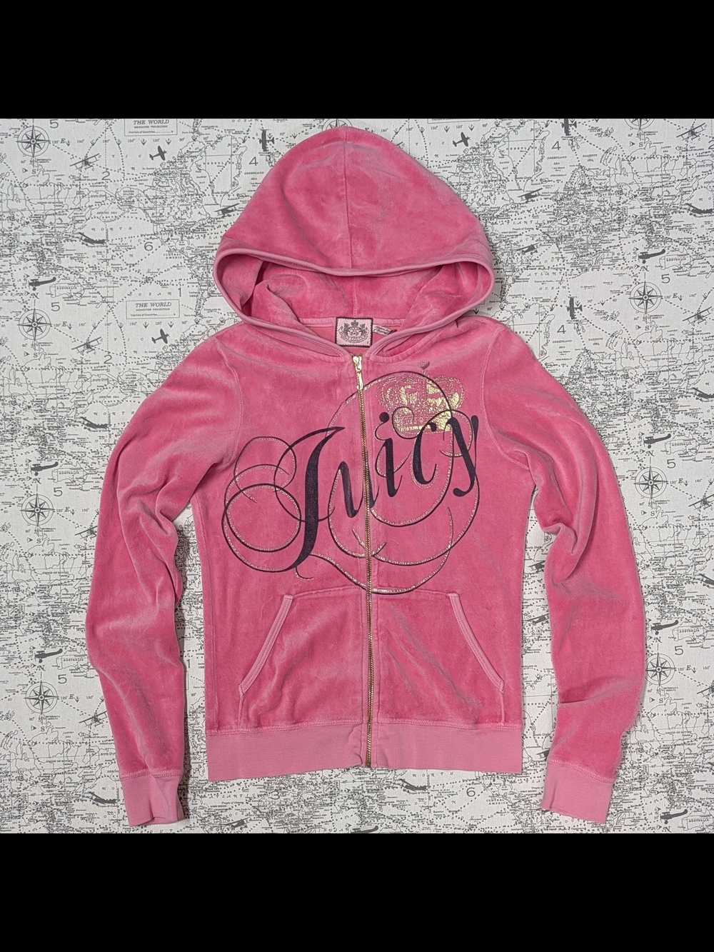 RARE Vintage Y2K Juicy Couture Pink Velour Chandelier Rhinestone Hoodie Small - Picture 4 of 7